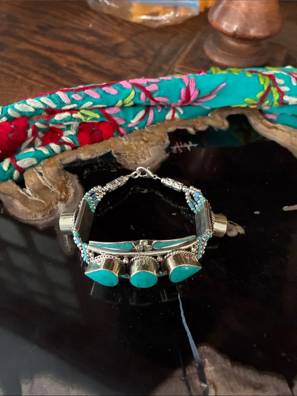Turquoise Stone Beaded Silver Bracelet - Women Jewelry - Picture 4 of 5